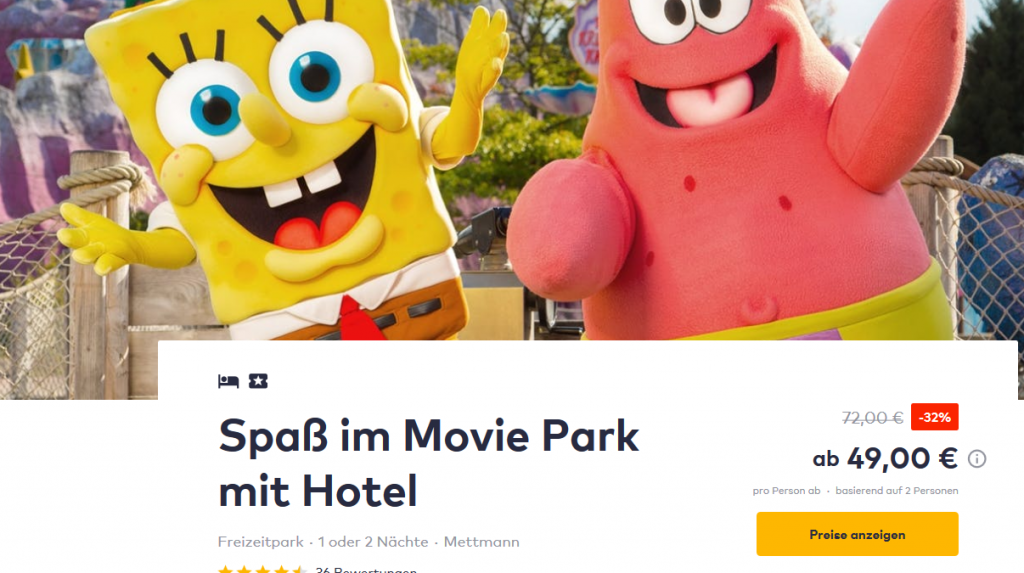Screenshot Deal Movie Park mit Übernachtung im Hotel 49,00€