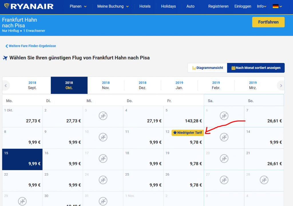 Screenshot Deal - Billigflüge nach Pisa von Frankfurt Hahn Ryanair