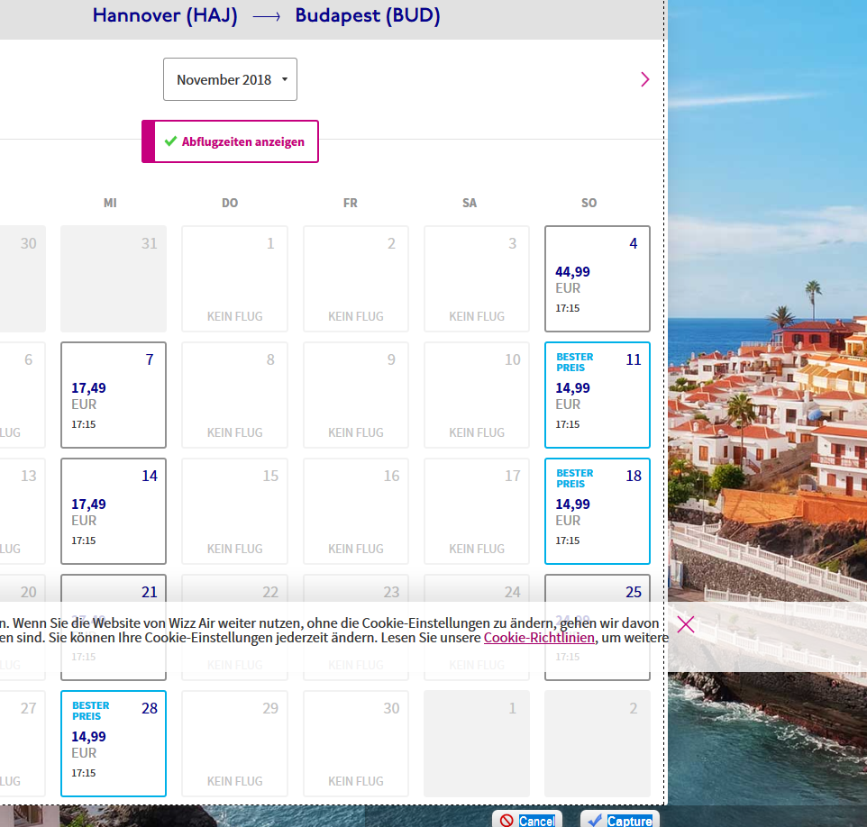 Screenshot Deal- Hannover → Budapest günstige Flüge Wizz Air