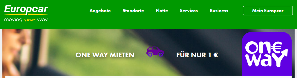 Screenshot Deal - OneWay Einwegmieten für nur 1 € Europcar Autovermietung