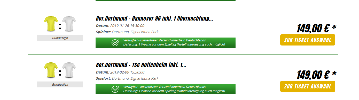 Screenshot Deal Günstige Bundesliga Tickets für BVB ab 149,00€ Ticket + Hotel