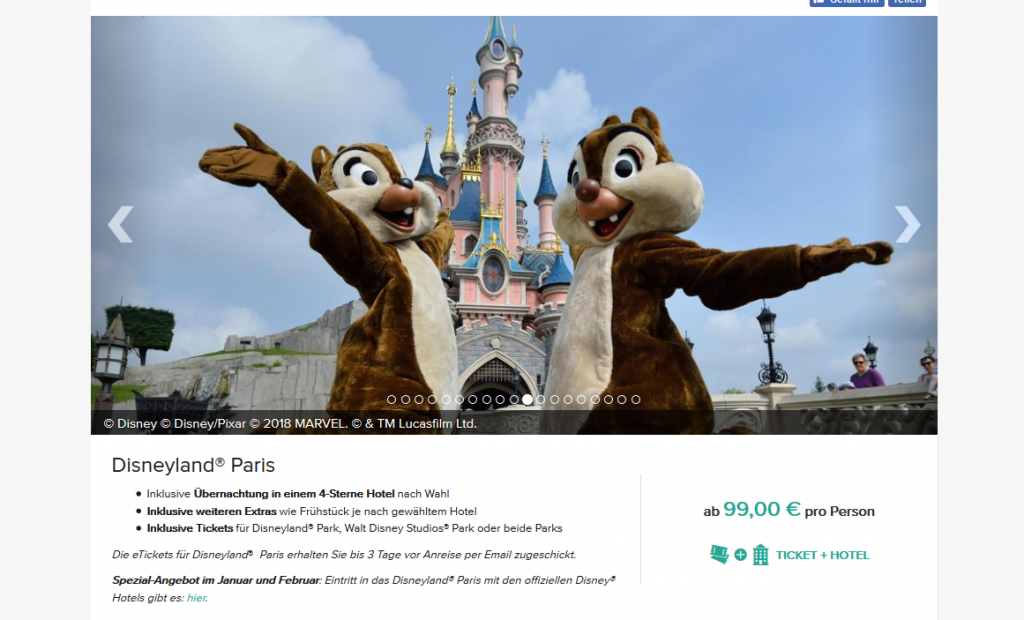 Screenshot Deal Disneyland Paris günstig buchen ab 99,00€ - Übernachtung im 4 Hotel