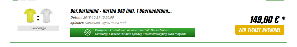 Screenshot Deal Günstige Borussia Dortmund Karten mit Hotelübernachtung ab 149,00€
