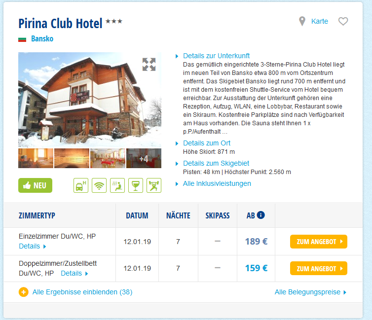 Screenshot Deal Skiurlaub in Bulgarien - Bansko 3 Sterne Hotel ab 159,00€ p.P - Halbpension