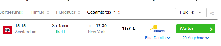 Screenshot Flugdeal Günstigen Flug nach New York City ab 157,00€