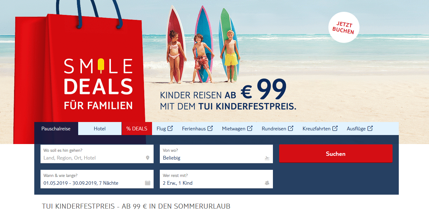 Screenshot Deal - Kinderfestpreis beim Urlaub ab 0,00€ - Günstiger Buchen mit TUI ab 99,00€