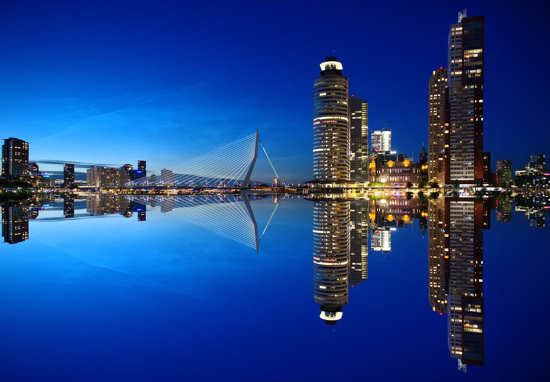 Rotterdam bei nacht während der Hafenrundfahrt in Rotterdama auf dem Kreuzfahrtschiff