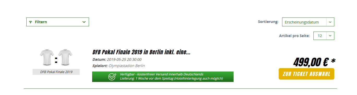 Screenshot Deal DFB Pokalfinale 2019 Tickets günstig kaufen ab 499,00€ + Hotelübernachtung