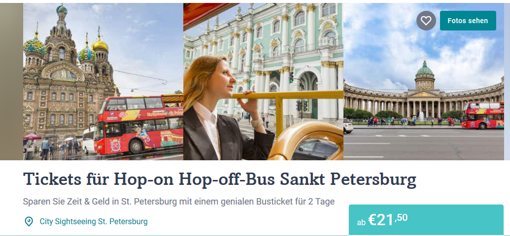 Screenshot Deal Hop On Hop off Bus Sankt Petersburg ab 21,50€
