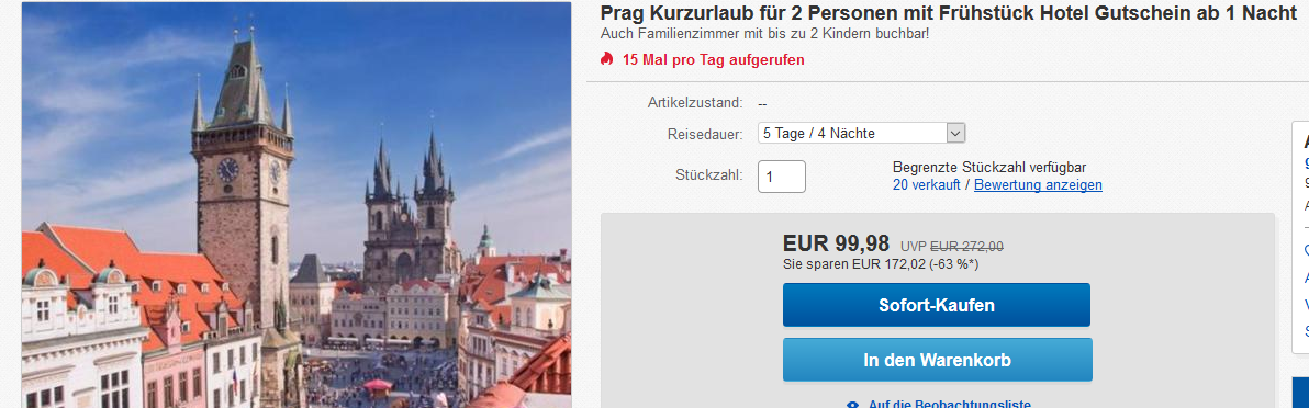 Screenshot Deal Hotel in Prag die Nacht 63% günstiger ab 11,65€ inklusive Frühstück !