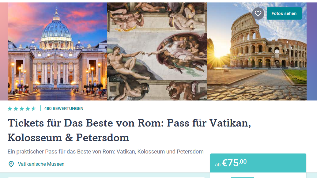 Screenshot Deal Karte für Vatikan, Kolosseum und Petersdom in rom