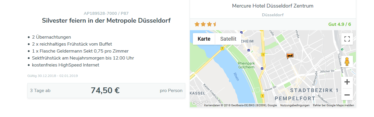 Screenshot Deal Silvester feiern in Düsseldorf 2 Nächte ab 74,50€ p.P