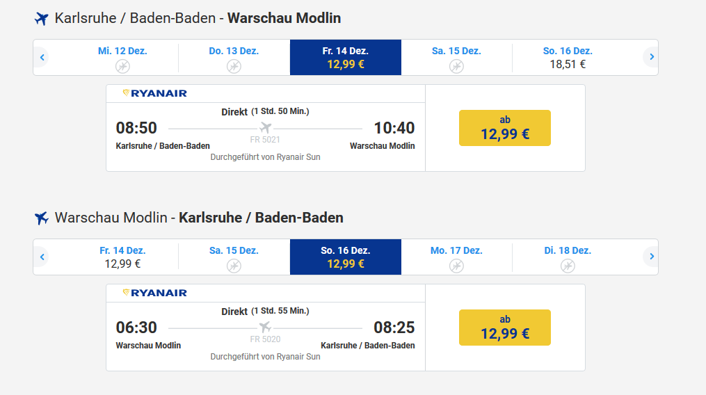 Screenshot Flug Städtereise Warschau günstigen Flug + Hotel ab 59,98€ 2 Nächte