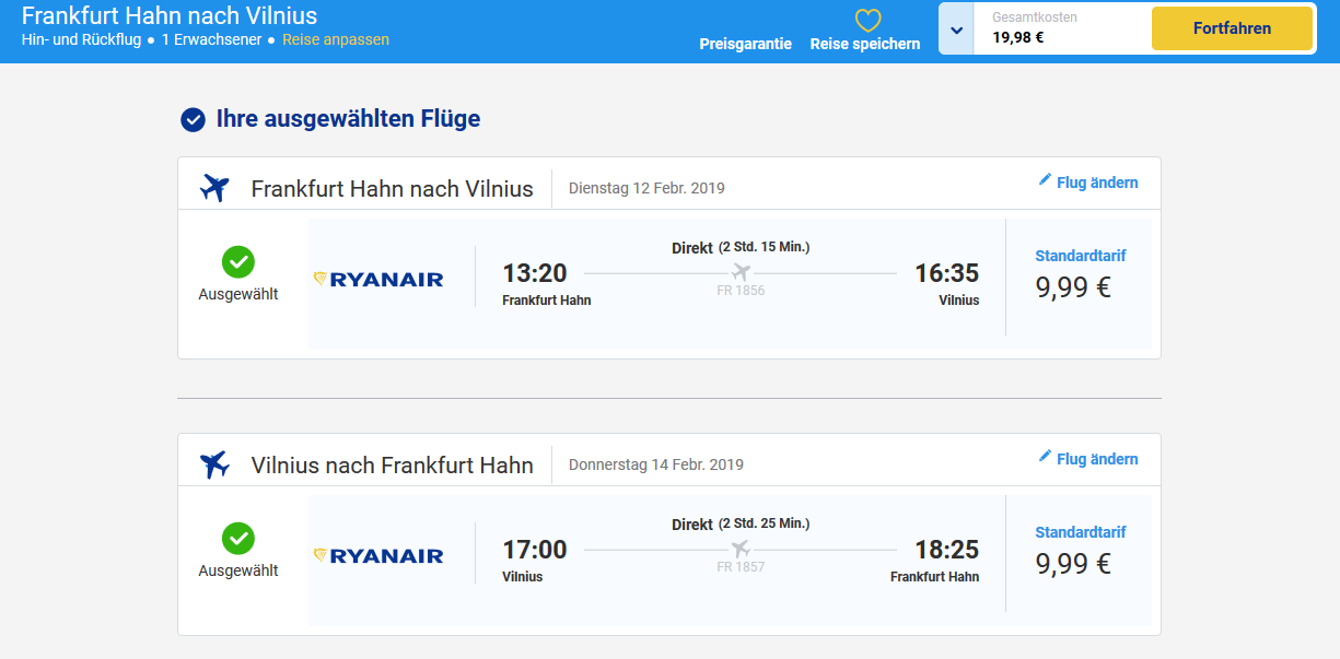 Screenshot Flugdeal Städtereise nach Vilnius