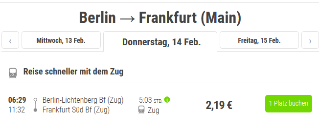 Screenshot Deal Mit dem Flixtrain Aktionsticket ab 2,19€ von Berlin nach Frankfurt