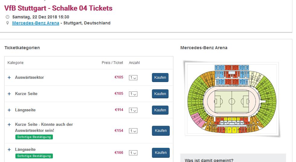 Screenshot Deal VFB Stuttgart - Schalke 04 Tickets ab 105,00€ Mercedes Benz Arena