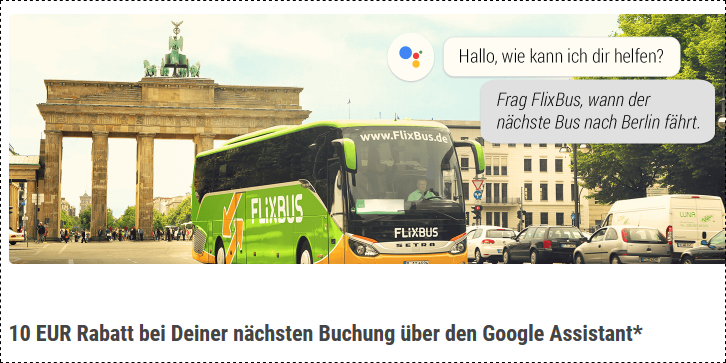 Screenshot Flixbus Rabatt 10,00€ bei Buchung über Google Assistant