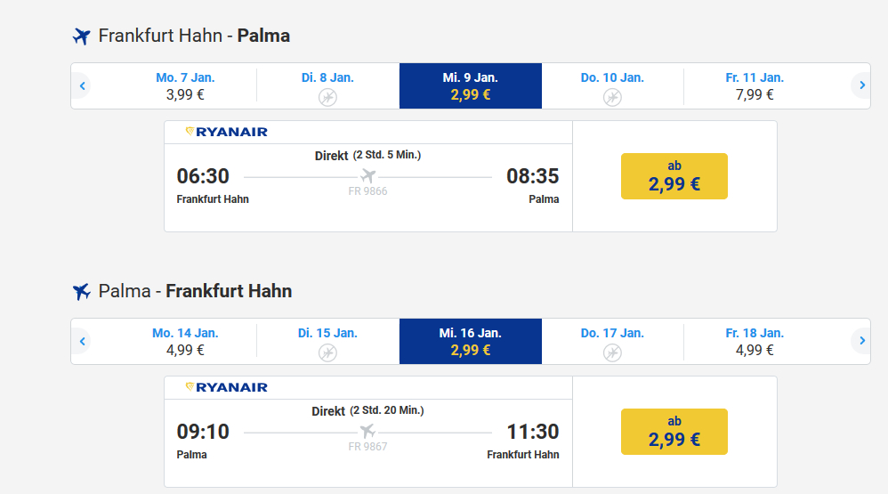 Screenshot Flugdeal Flughafen Palma ab 2,92€ erreichen - Malle Hotel ab 12,98€ die Nacht