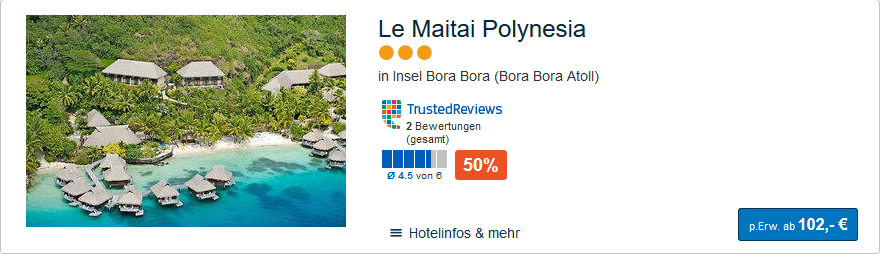 Screenshot Le Maitai Plynesia schon günstig ab 102,00€ die Nacht pro Person Buchbar!