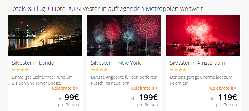 Screenshot Silvester 2018 Deals bei Lastminute Silvester 2018 feiern woanders günstig ab 99,00€ - Städtetrip Silvester