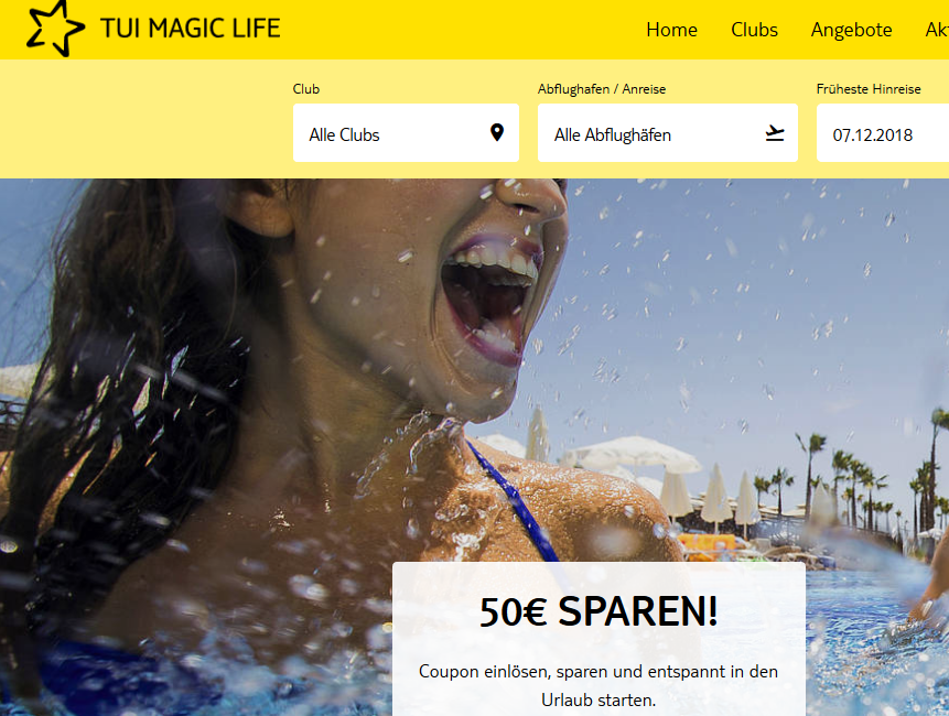 Screenshot magiclife Reisegutschein 50,00€ bei TUI MAGIC LIFE sparen ! -