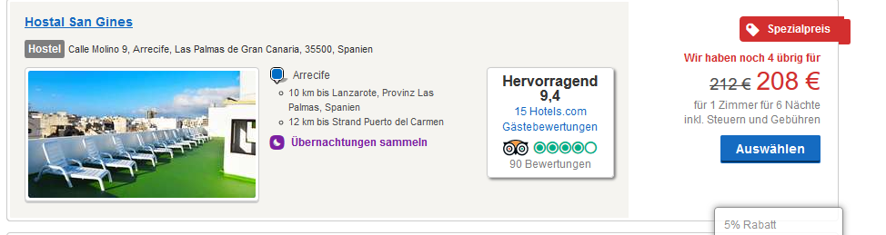 Mit diesem Beispiel zahlt Ihr 14,86€ die Nacht - Screenshot Hotels