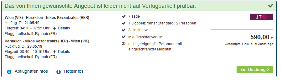 Screenshot Beispiel Deal für Kreta ab 295,00€ eine Woche All Inclusive inklusive Transfer vor Ort