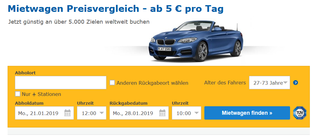 Screenshot Deal Check24 Mietwagen buchen ab 5,00€ pro Tag - Preisvergleich