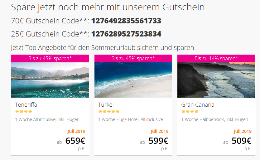 Screenshot Deal Lastminute Frühbucher Urlaub buchen 45% günstiger + 70,00€ Gutschein