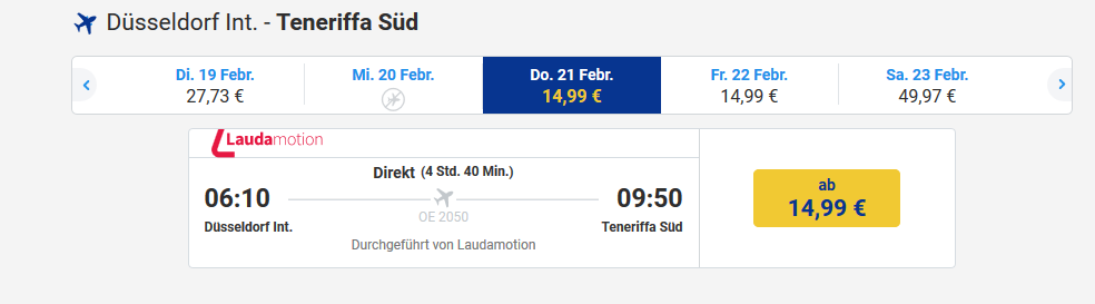 Screenshot Deal Teneriffa im Februar - Flüge ab 14,99€ bei Laudamotion buchen