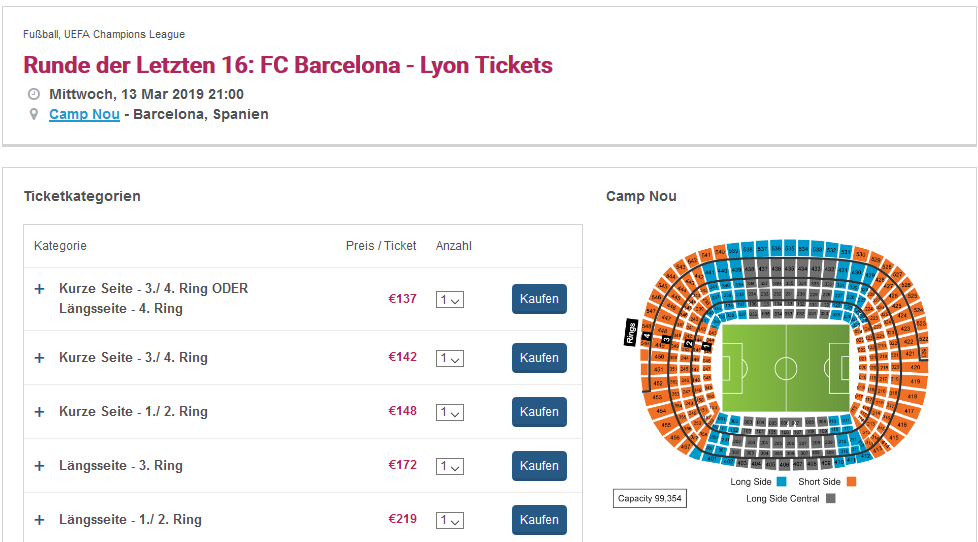 Screenshot Deal UEFA Tickets Barcelona Champions League - K.O Runden schon ab 137,00€