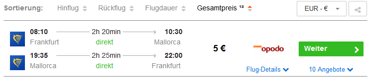 Screenshot Mallorca Deals Hin und Rückflug ab 5,00€ Hotels ab 13,00€