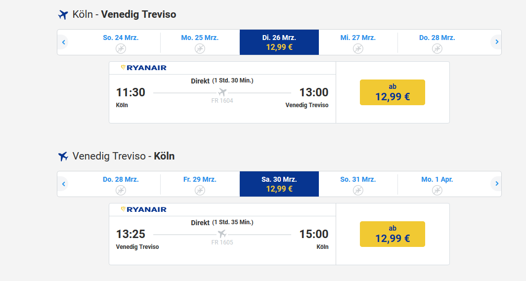 Screenshot Ryanair Flugdeal ab 12,99€ pro Weg Bsp. ab Köln