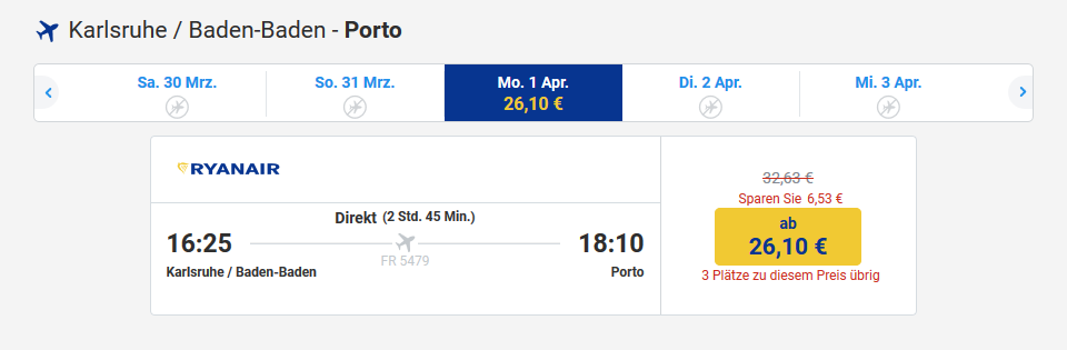 Screenshot Ryanair Porto in Portugal Urlaub machen Flüge ab 26,10€ Reisedeals & mehr