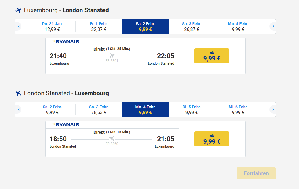 Screenshot Ryanair - Von Luxemburg nach London Flüge ab 9,99€ - Städtetrip