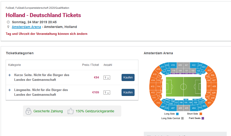 Screenshot vom Deal EM 20 Quali Tickets Niederlande vs Deutschland günstig ab 84,00€