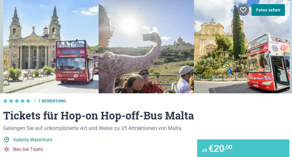 Tickets für den Hop on Hop off Bus Malta Tiqets