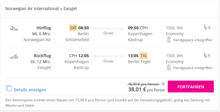 Screenshot Deal Flug nach Kopenhagen zwei Wege ab 38,01€ - Lastminute Flüge hier checken