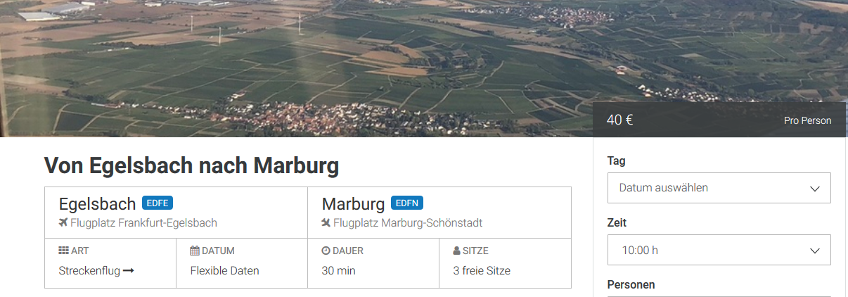 Screenshot Deal Flugangst überwinden ab 40,00€ in von Egelsbach nach Marburg fliegen