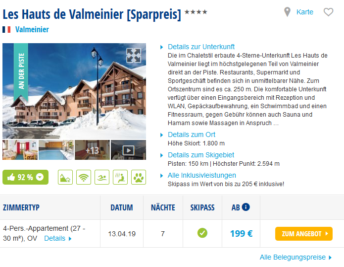 Screenshot Deal Skiurlaub Last Minute zu Ostern - Hotel und Skipass 1 Woche ab 199,00€