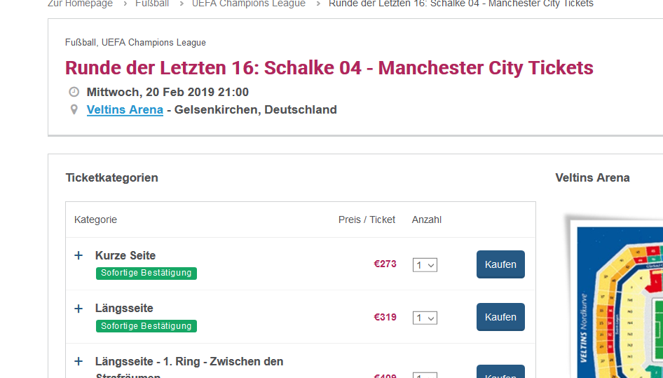 Screenshot Schalke Manchester City Tickets zum Bestpreis - Städtereise nach Gelsenkirchen