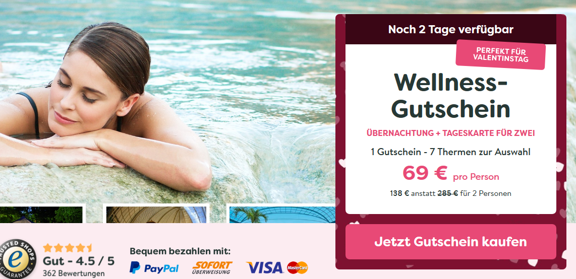 Screenshot Wellness Gutschein - 7 verschiedene Deals zum Valentinstag ab 69,00€