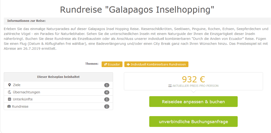 Screenshot Deal Galapagos Inselhopping ab 932,00€ pro Person Rundreise