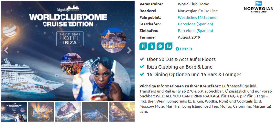 E-hoi Screenshot Preisübersicht der Karte für das World Clube Dome Cruise Edition 2019