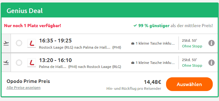 Screenshot Deal Mallorca Flug Hinflug & Rückflug ab 14,48€ Sommer Deal