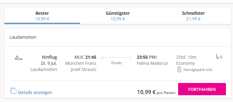 Screenshot Last Minute Mallorca Deal - Flug nur 10,99€ München - Palma