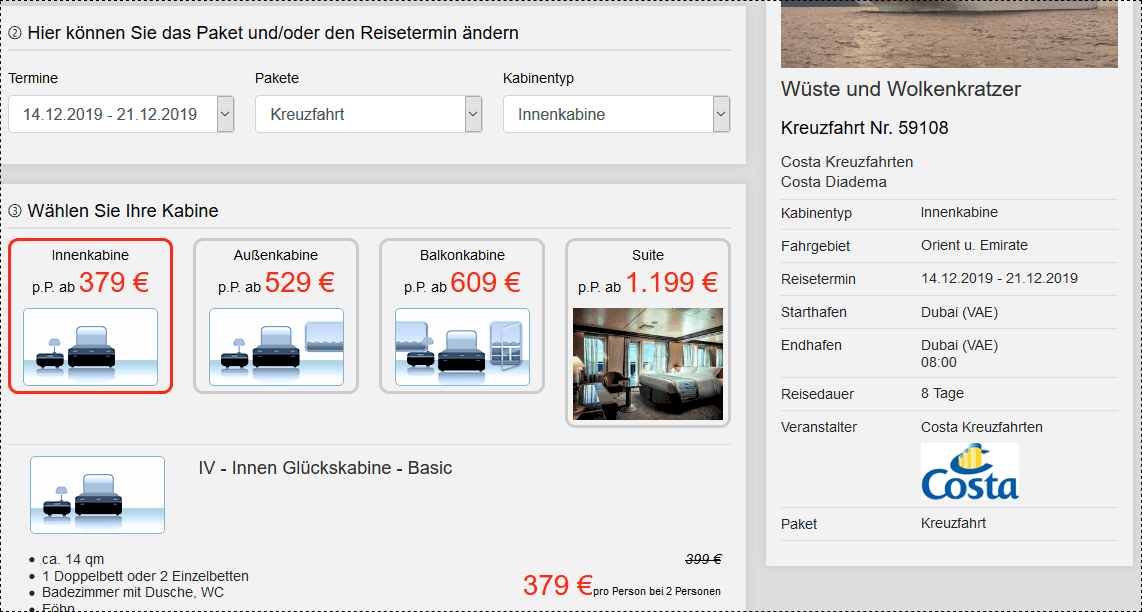 Screenshot Deal Dubai Kreuzfahrt - Orient & Emirate nur 379,00€ Costa Kreuzfahrten