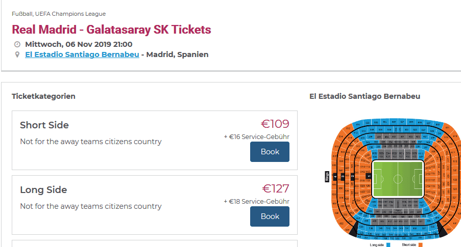 Screenshot Deal Real Madrid vs. Galatasaray nur 109,00€ - Champions League Tickets