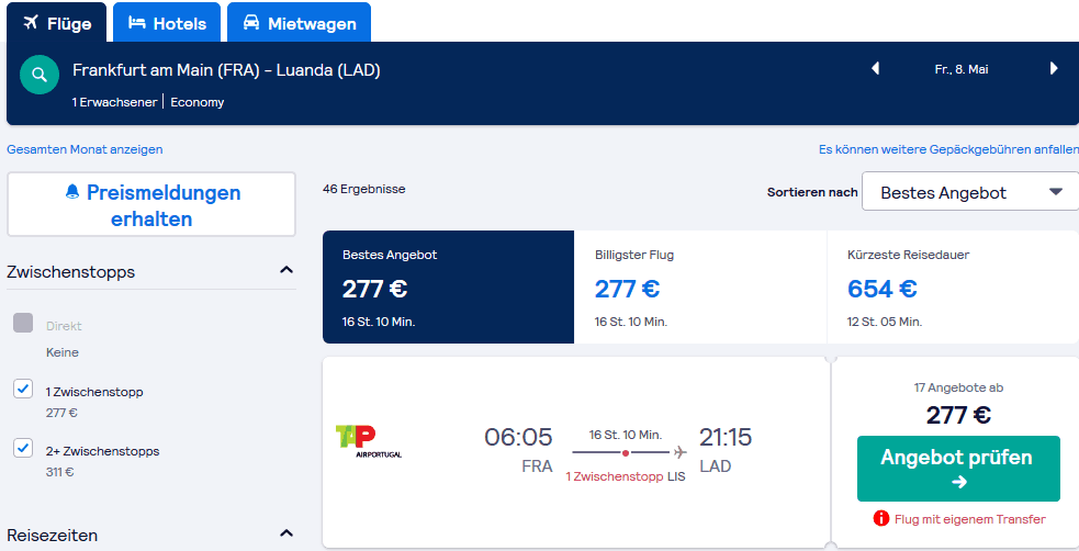 Flüge nach Angola nur 277,00€ - Screenshot Skyscanner