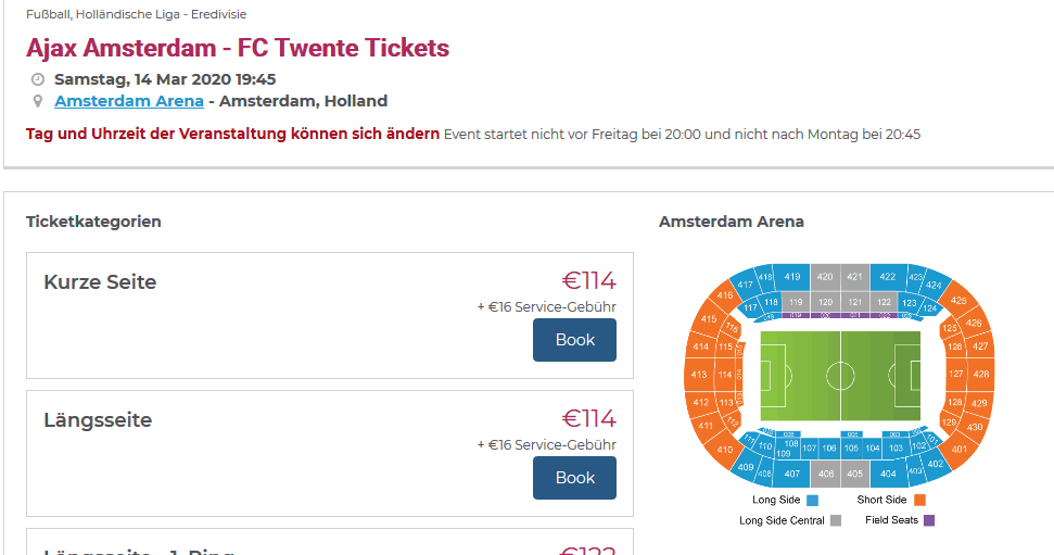Screenshot Deal Ajax Amsterdam - FC Twente Tickets nur 114,00€ Fußballreisen - Amsterdam Arena